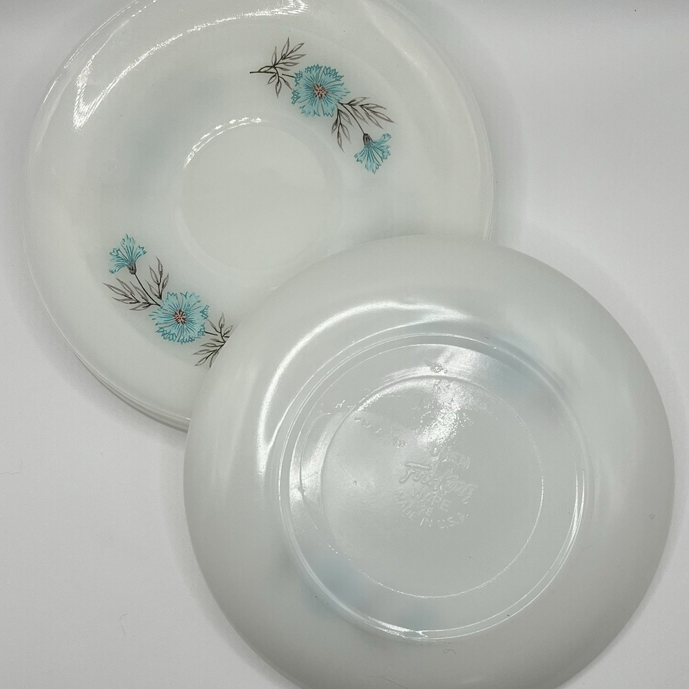 Set Of 4 Vintage Fire King Bonnie Blue Floral Saucer Plate Teal Flower MCM White - Picture 4 of 8